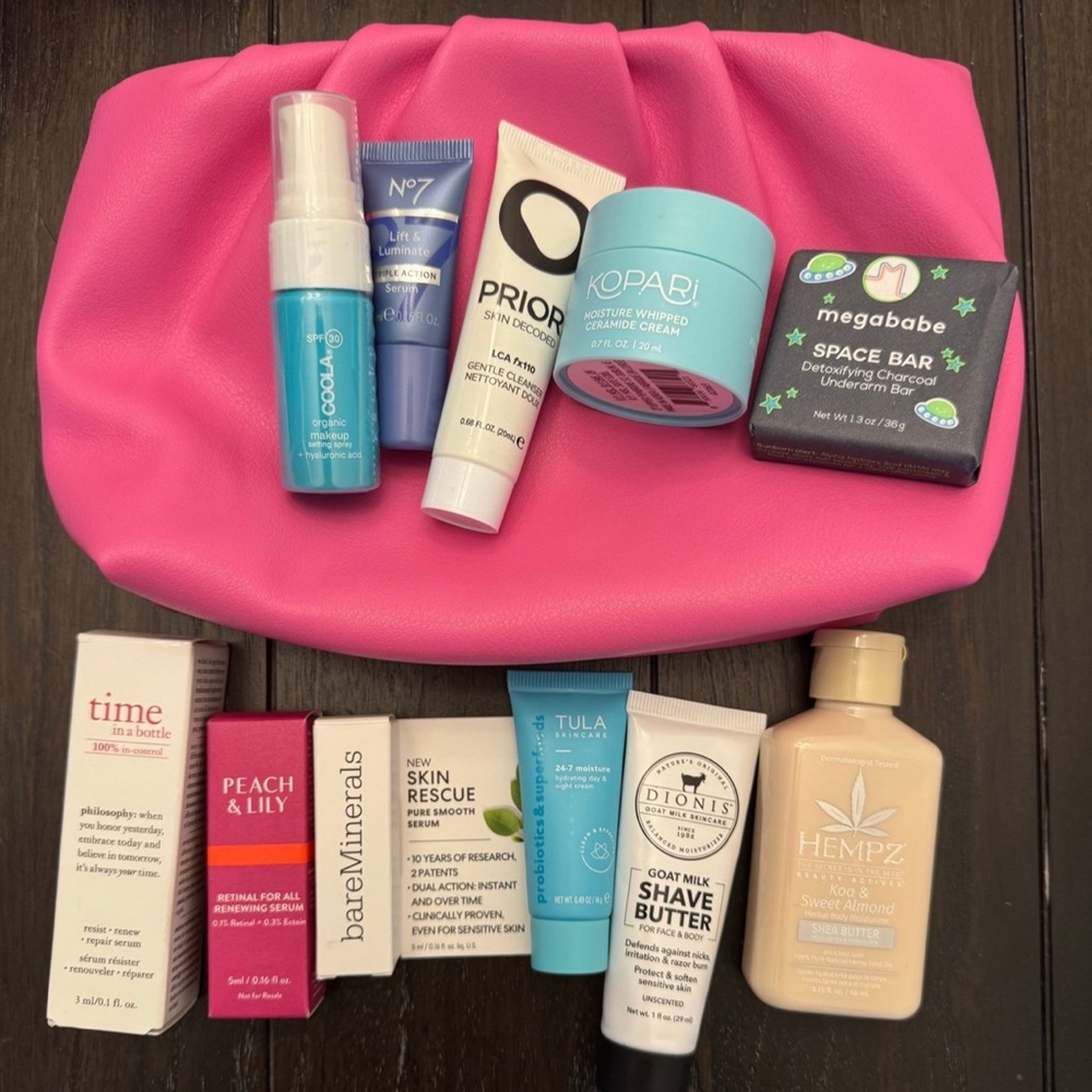 Pink Cosmetic Bag with Skincare Products